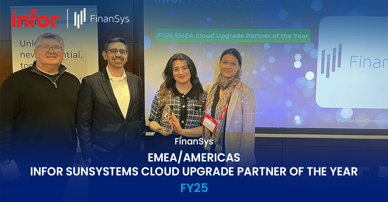 FinanSys team receiving the FY25 Infor SunSystems Cloud Upgrade Partner of the Year award